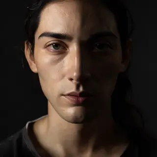 A portrait with dramatic split lighting — half the face brig