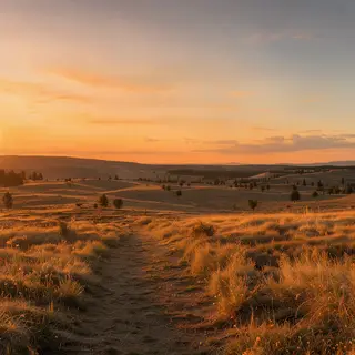 A landscape photograph bathed in golden hour light — long wa