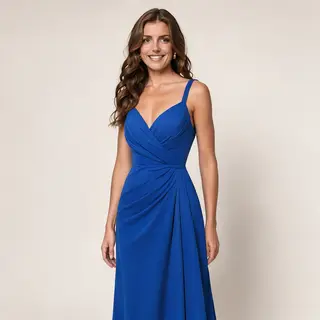 A woman wearing a royal blue evening dress against a neutral