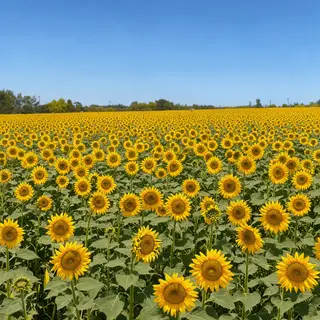 A field of pure sunflower yellow flowers under a clear blue 
