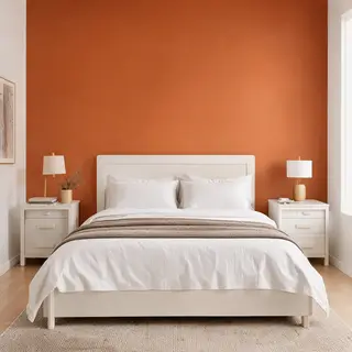 A bedroom wall painted in #FF6B35 (burnt orange) with white 