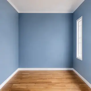 A room with walls in #4A90D9 (medium blue) with warm wooden 
