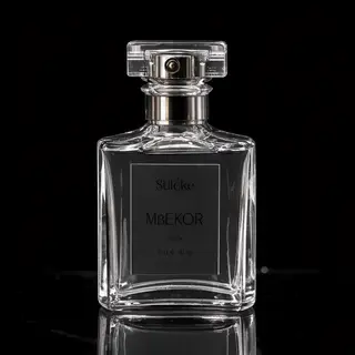 A clear glass perfume bottle on a reflective black surface w