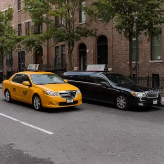 A yellow taxi and a black limousine parked next to each othe