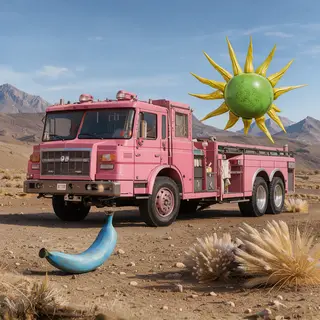 A pink fire truck, a blue banana, and a green sun in a surre