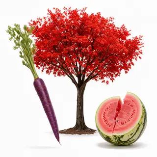 A purple carrot, a red tree with red leaves, and a white wat