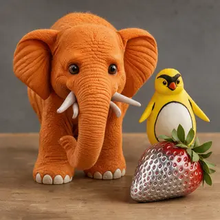 An orange elephant, a yellow penguin, and a silver strawberr