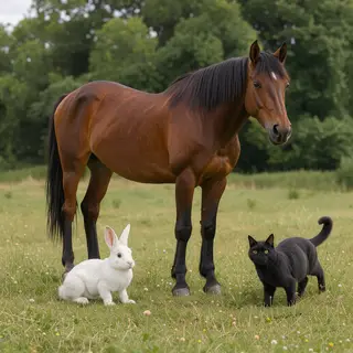 A big brown horse, a small white rabbit, and a medium-sized 