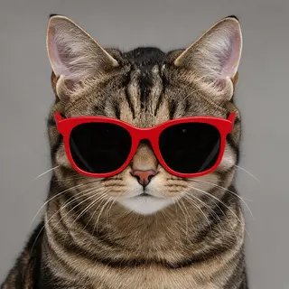 A tabby cat wearing oversized red sunglasses