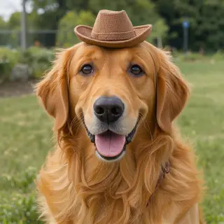 A golden retriever wearing a tiny cowboy hat