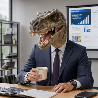 A dinosaur in a business suit giving a PowerPoint presentati
