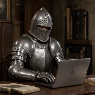A medieval knight in full armor sitting at a desk typing on 