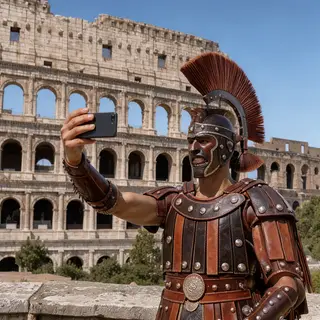 A Roman gladiator taking a selfie with a smartphone in the C