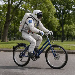An astronaut in a spacesuit riding a bicycle through a park