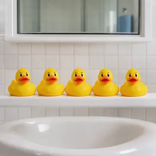 Exactly 5 yellow rubber ducks sitting in a row on a bathroom