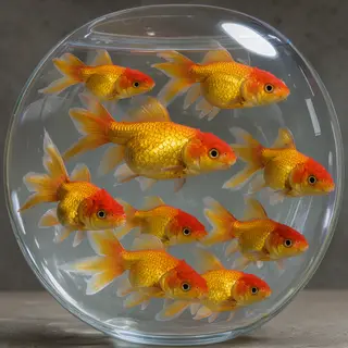 Exactly 9 goldfish swimming in a large round fishbowl