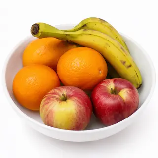 A fruit bowl containing exactly 3 bananas, 4 oranges, and 2 