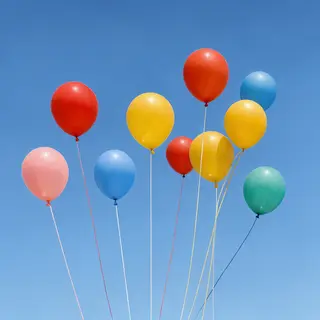 Exactly 11 colorful balloons floating against a clear blue s