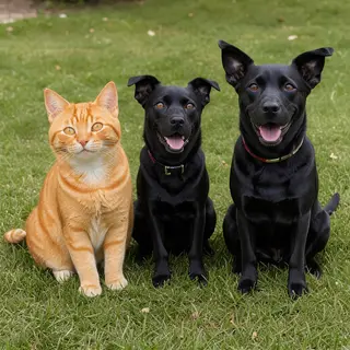 2 orange cats and 3 black dogs sitting together on a grassy 