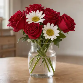 4 red roses and 2 white daisies in a glass vase on a table