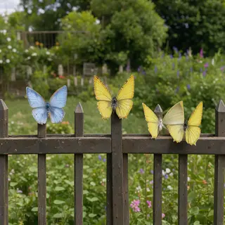 1 blue butterfly and 3 yellow butterflies resting on a garde