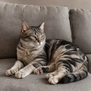 A cat lying on a couch without a collar