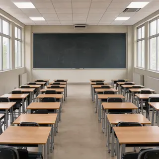A classroom with desks and a chalkboard but no students