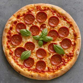 A pepperoni pizza with tomato sauce, basil, and crust but ab