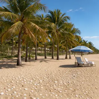 A sandy beach with palm trees, seashells, and a beach umbrel