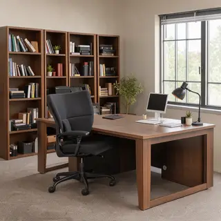 An office workspace with a desk, chair, bookshelf, and lamp 