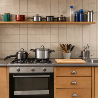 A kitchen with pots, pans, a stove, and a cutting board but 