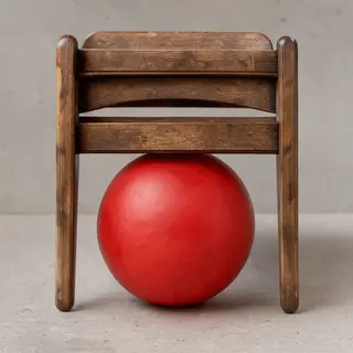 A red ball underneath a wooden chair