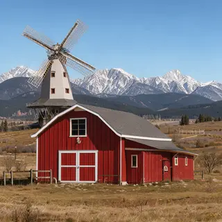 A landscape with a red barn in the foreground at large scale