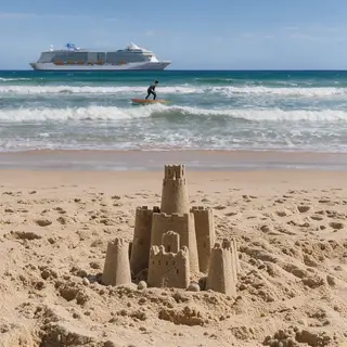 A beach scene with a sandcastle in the foreground, a surfer 