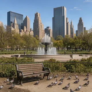 A city park with a park bench and pigeons in the foreground,