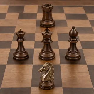 Five chess pieces on a board: a king in the center, a queen 