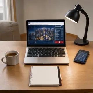 A desk scene: laptop in the center, coffee mug to the left, 