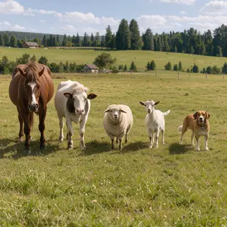 Five animals in a field: a horse on the far left, a cow to t