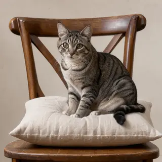A cat sitting on a pillow, the pillow placed on a wooden cha