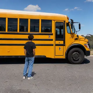 A person standing next to a yellow school bus, showing reali