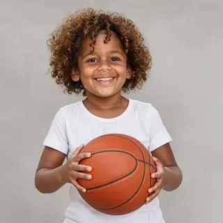 A child holding a basketball, both at correct relative sizes