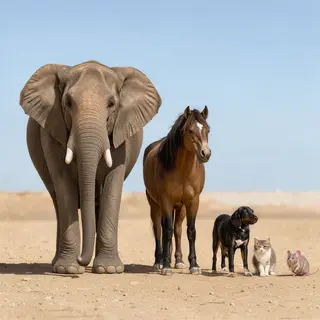 A group photo of an elephant, a horse, a dog, a cat, and a m