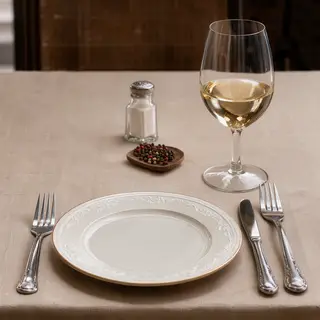 A dinner table scene with a plate, fork, knife, wine glass, 