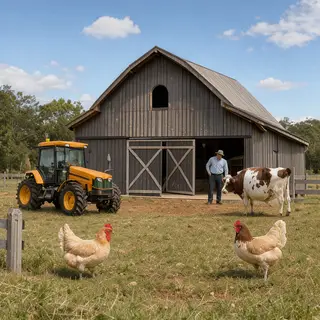 A farm scene with a barn, tractor, farmer, cow, chicken, and