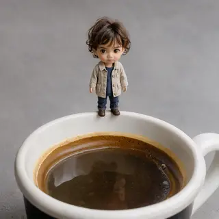 A tiny person standing on the rim of a coffee cup, looking d