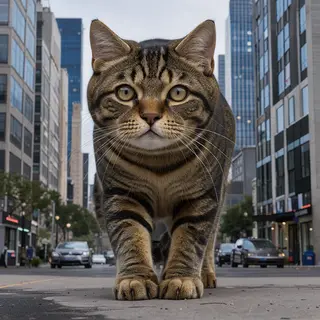A giant tabby cat walking between city skyscrapers like a ka