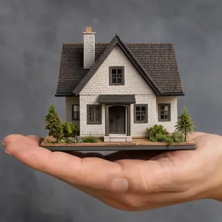 A miniature house sitting on the palm of someone's hand