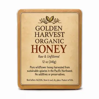 A product label for 'GOLDEN HARVEST ORGANIC HONEY' with subt