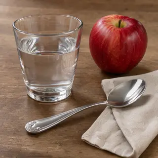 A still life on a wooden table featuring a clear glass of wa