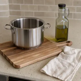 A kitchen counter with a stainless steel pot, a wooden cutti